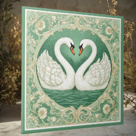 Azulejo De Cerâmica Art Nouveau Green Swan Couple Lake Floral Motifs 