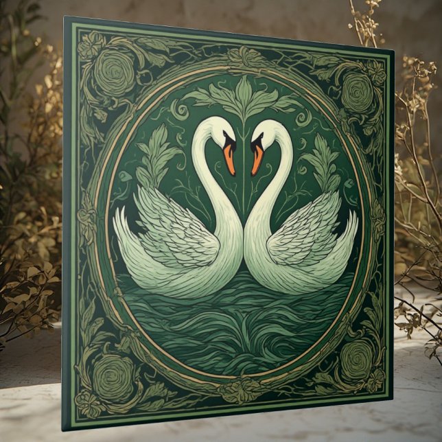 Azulejo De Cerâmica Art Nouveau Green Swan Lover Couples Ethereal Lake (Art Nouveau Green Swan Lover Couples Ethereal Lake Ceramic Tile)