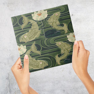 Azulejo De Cerâmica Art Nouveau Jugendstil Pond Fish Green