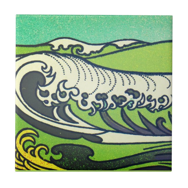 Azulejo De Cerâmica Art Nouveau Mar Verde Ondas 1 (Frente)
