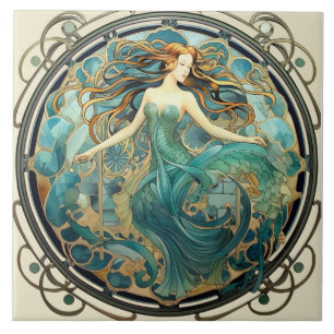 Azulejo De Cerâmica Art Nouveau Mermaid, Aquamarine e Amber Design