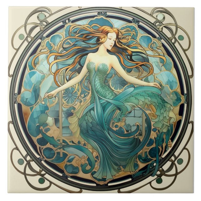 Azulejo De Cerâmica Art Nouveau Mermaid, Aquamarine e Amber Design (Frente)