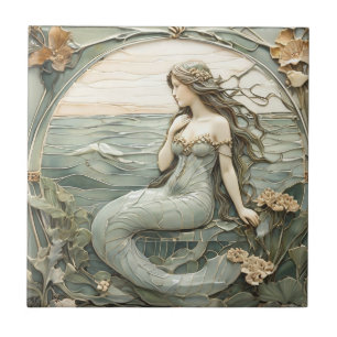 Azulejo De Cerâmica Art Nouveau Mermaid Faux Alivio Mint Sea Sea