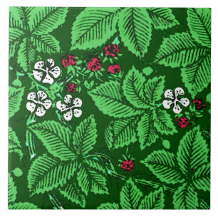 Azulejo De Cerâmica Art Nouveau Morangos e Folhas, Emerald Green