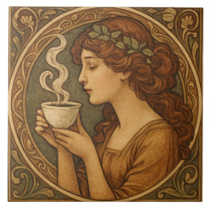 Azulejo De Cerâmica Art Nouveau Mulher Com Café