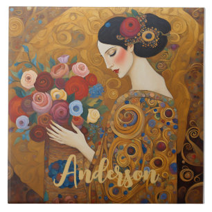 Azulejo De Cerâmica Art Nouveau Mulher Dourada Floral