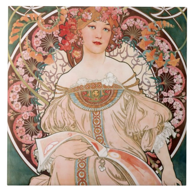 Azulejo De Cerâmica Art Nouveau Mulher Floral Mucha Verde Francês (Frente)
