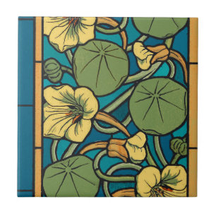 Azulejo De Cerâmica Art Nouveau Nasturtium Azul Dourado floral Verneui