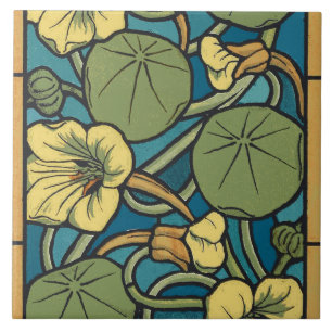 Azulejo De Cerâmica Art Nouveau Nasturtium Azul Dourado floral Verneui