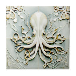 Azulejo De Cerâmica Art Nouveau Octopus Faux Alivio Dourado & Mint Pas