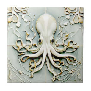 Azulejo De Cerâmica Art Nouveau Octopus Faux Alivio Dourado & Mint Pas