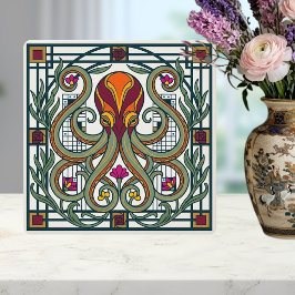 Azulejo De Cerâmica Art Nouveau Octopus Orange Burgundy Green Floral D