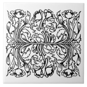 Azulejo De Cerâmica Art nouveau papoila escura floral branca elegante