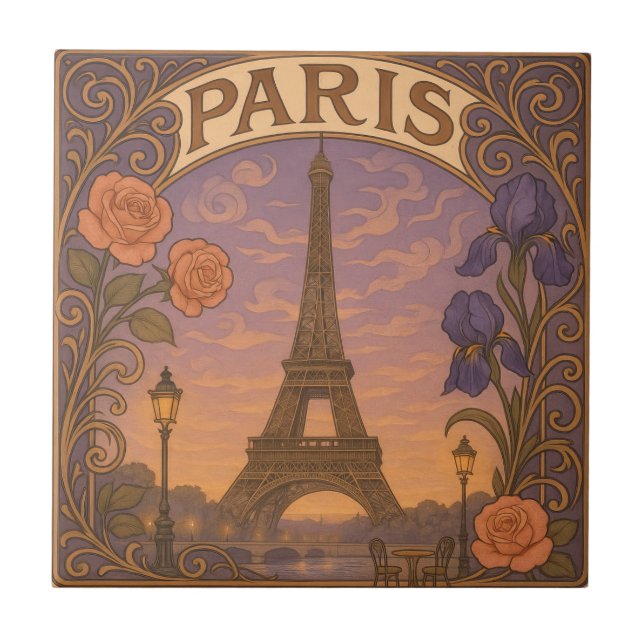 Azulejo De Cerâmica Art Nouveau Paris Eifel Tower Floral (Frente)