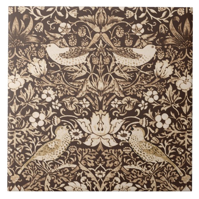 Azulejo De Cerâmica Art Nouveau Pássaro e Flor, Castanho Escuro (Frente)