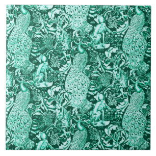 Azulejo De Cerâmica Art Nouveau Peacock Impressão, Turquoise e Aqua