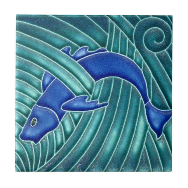 Azulejo De Cerâmica Art Nouveau - Peixe Azul Único (Frente)