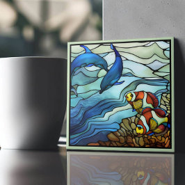 Azulejo De Cerâmica Art Nouveau Peixe-Palha e Golfinhos Escondidos Vid