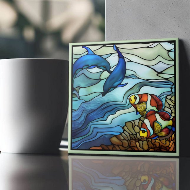 Azulejo De Cerâmica Art Nouveau Peixe-Palha e Golfinhos Escondidos Vid (Criador carregado)