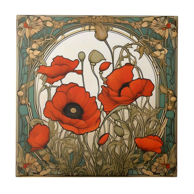 Azulejo De Cerâmica Art Nouveau Poppies Flores (Frente)