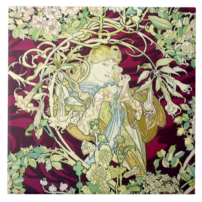 Azulejo De Cerâmica Art Nouveau Repro Linda Mulher com Daisy (Frente)