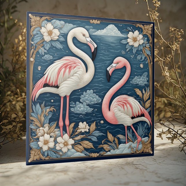 Azulejo De Cerâmica Art Nouveau Romantic Flamingo Couple Floral Motifs (Art Nouveau Romantic Flamingo Couple Floral Motifs Ceramic Tile)
