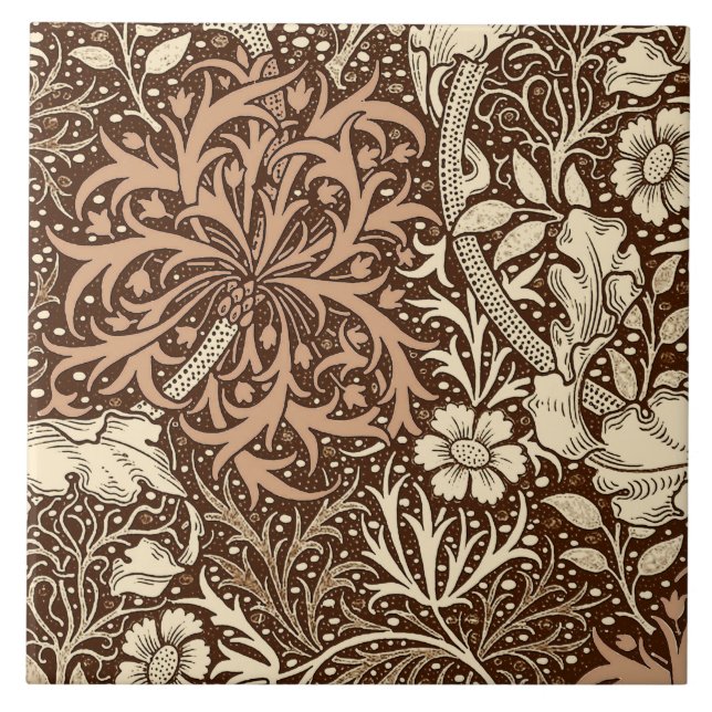 Azulejo De Cerâmica Art Nouveau Seaweed Floral, Brown e Beige (Frente)