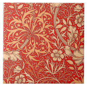 Azulejo De Cerâmica Art Nouveau Seaweed Floral, Coral Laranja Profundo