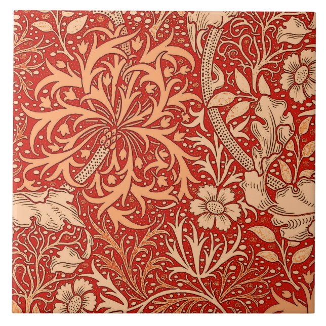 Azulejo De Cerâmica Art Nouveau Seaweed Floral, Coral Laranja Profundo (Frente)