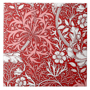 Azulejo De Cerâmica Art Nouveau Seaweed Floral, Vermelho Profundo e Br