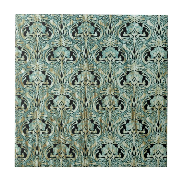 Azulejo De Cerâmica Art nouveau, teal,ouro,padrão,belle époque,chic,e (Frente)