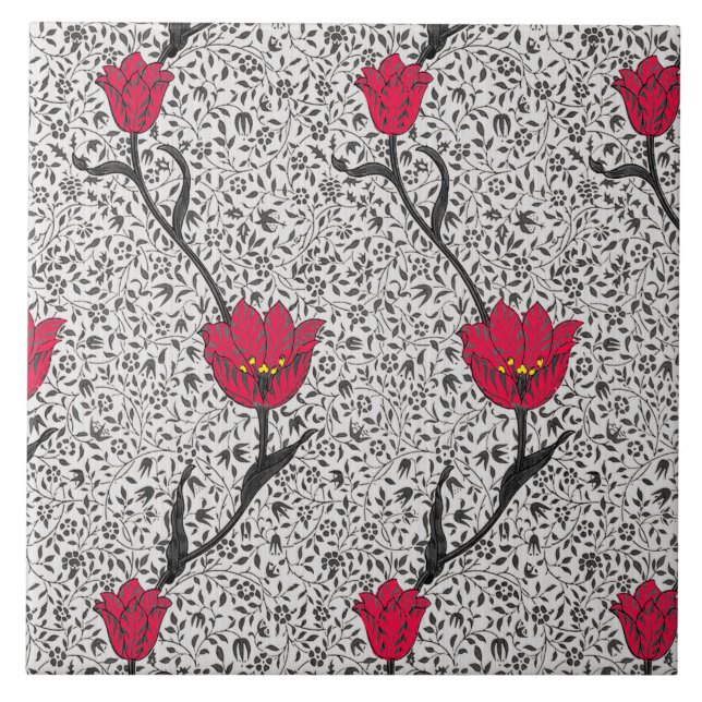 Azulejo De Cerâmica Art Nouveau Tulip Damask, Cinzas e Vermelho (Frente)