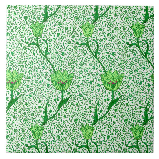 Azulejo De Cerâmica Art Nouveau Tulip Damask, Emerald Green (Frente)