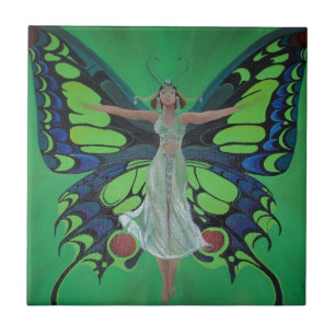 Azulejo De Cerâmica Art Nouveau Vintage Flapper Com Asas De Borboleta