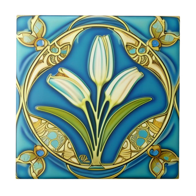 Azulejo De Cerâmica Art Nouveau White Estilizou Lily (Frente)
