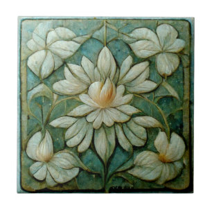Azulejo De Cerâmica Art Nouveau White Floral Francês, Blue Vintage Art