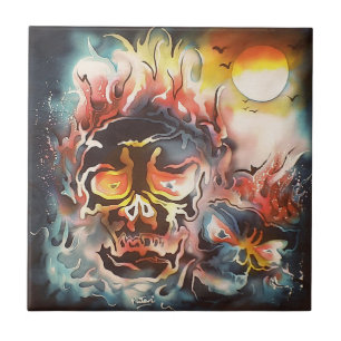 Azulejo De Cerâmica arte abstrata de caveira flamejante