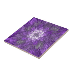 Azulejo De Cerâmica Arte abstrata fractal de flor roxa psicodélica
