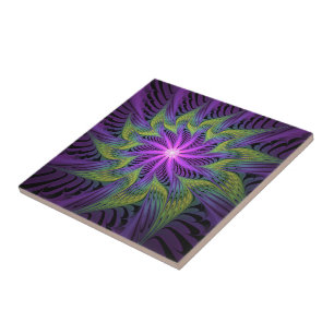 Azulejo De Cerâmica Arte abstrata fractal moderna flor roxa verde