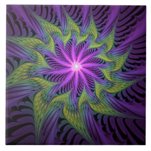 Azulejo De Cerâmica Arte abstrata fractal moderna flor roxa verde