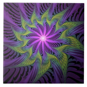 Azulejo De Cerâmica Arte abstrata fractal moderna flor roxa verde