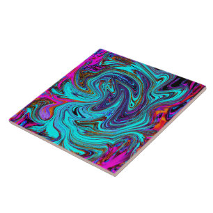Azulejo De Cerâmica Arte Abstrata Retro Groovy Azul Aquático e Preto