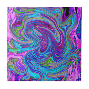 Azulejo De Cerâmica Arte Abstrata Retro Groovy Azul, Rosa e Roxo