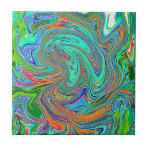 Azulejo De Cerâmica Arte Abstrata Retro Groovy em Aqua, Laranja e Verd