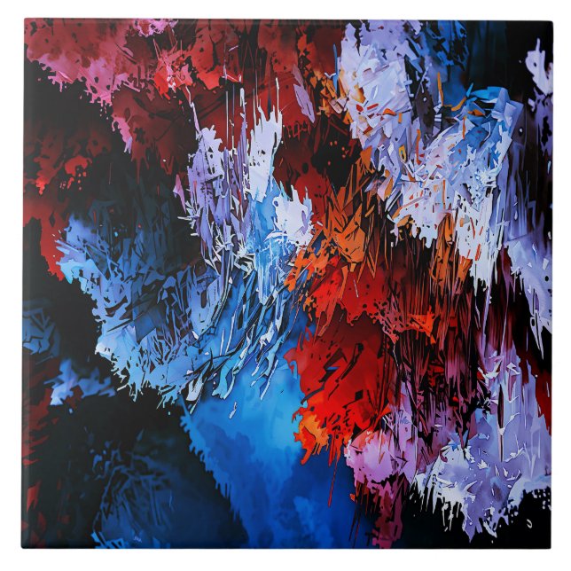 Azulejo De Cerâmica Arte Abstrato Contemporânea Vermelha Inferno Azul  (Frente)