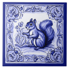 Azulejo De Cerâmica Arte Animal do Esquilo-de-Woodland Azul e Branco