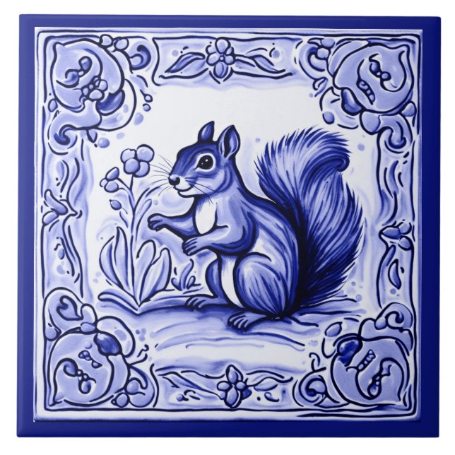 Azulejo De Cerâmica Arte Animal do Esquilo-de-Woodland Azul e Branco (Frente)
