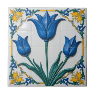 Azulejo De Cerâmica Arte Antiga Azul Tulipas Floral Nouveau 