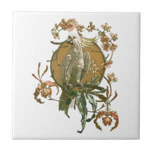 Azulejo De Cerâmica Arte Antiga Modernista, Papagaio Cacatua, Flores d