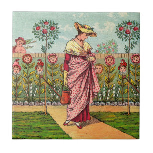 Azulejo De Cerâmica Arte Antigo Jardim Crescer Flor Mulher